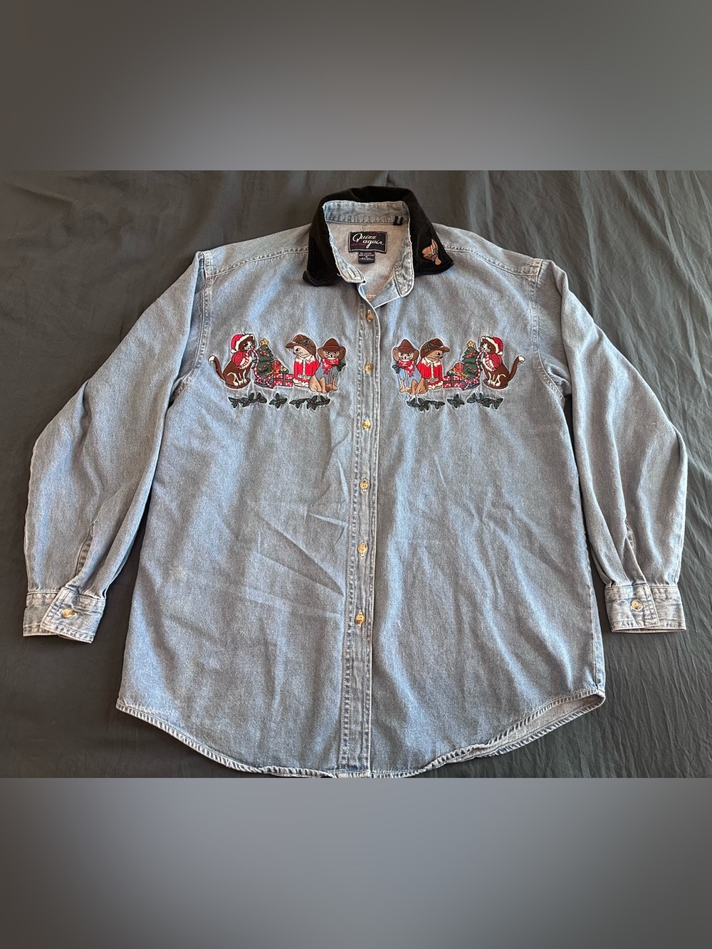 Vintage Christmas Western Cat Embroidered Cotton Denim Shirt - Size M